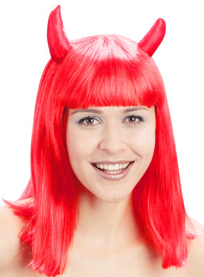 Фото Красный парик дьяволицы с рожками на Хэллоуин